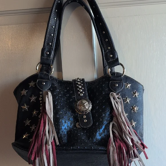 Montana West Studded Handbag with Fringe Accents - Picture 2 of 15